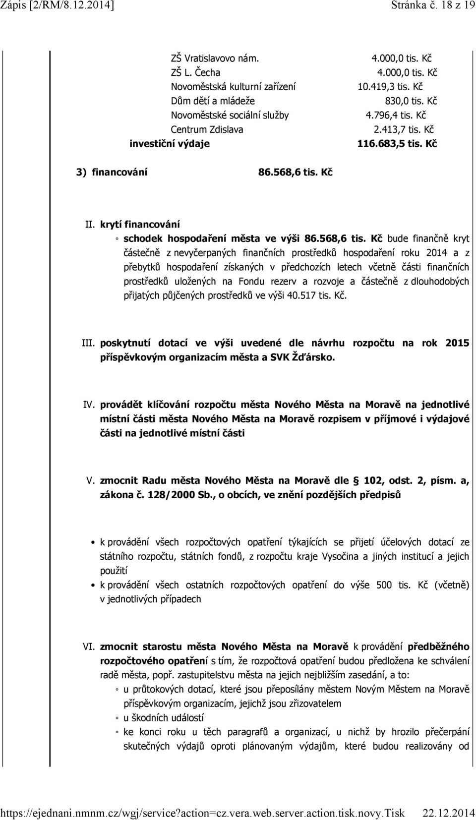 Kč II. krytí financování schodek hospodaření města ve výši 86.568,6 tis.