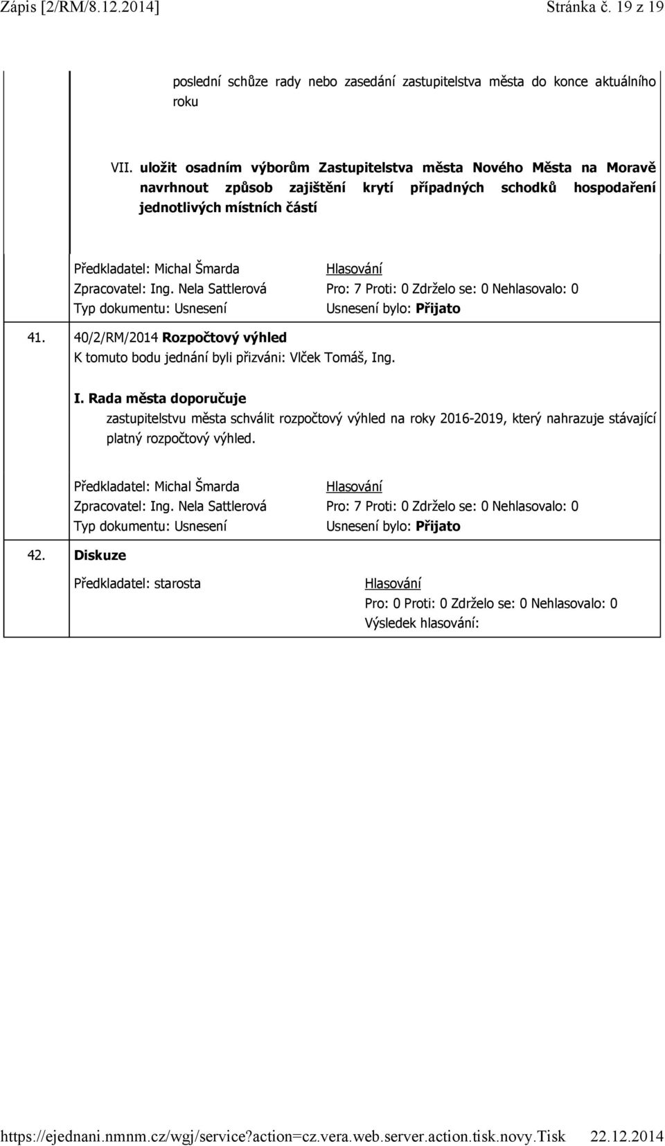 místních částí Zpracovatel: Ing. Nela Sattlerová 41. 40/2/RM/2014 Rozpočtový výhled Vlček Tomáš, Ing.