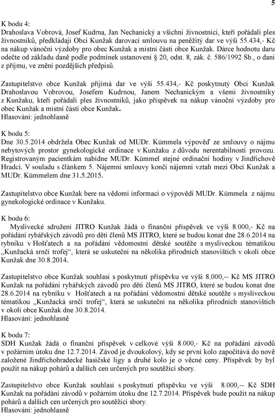 , o dani z příjmu, ve znění pozdějších předpisů. Zastupitelstvo obce Kunžak přijímá dar ve výši 55.