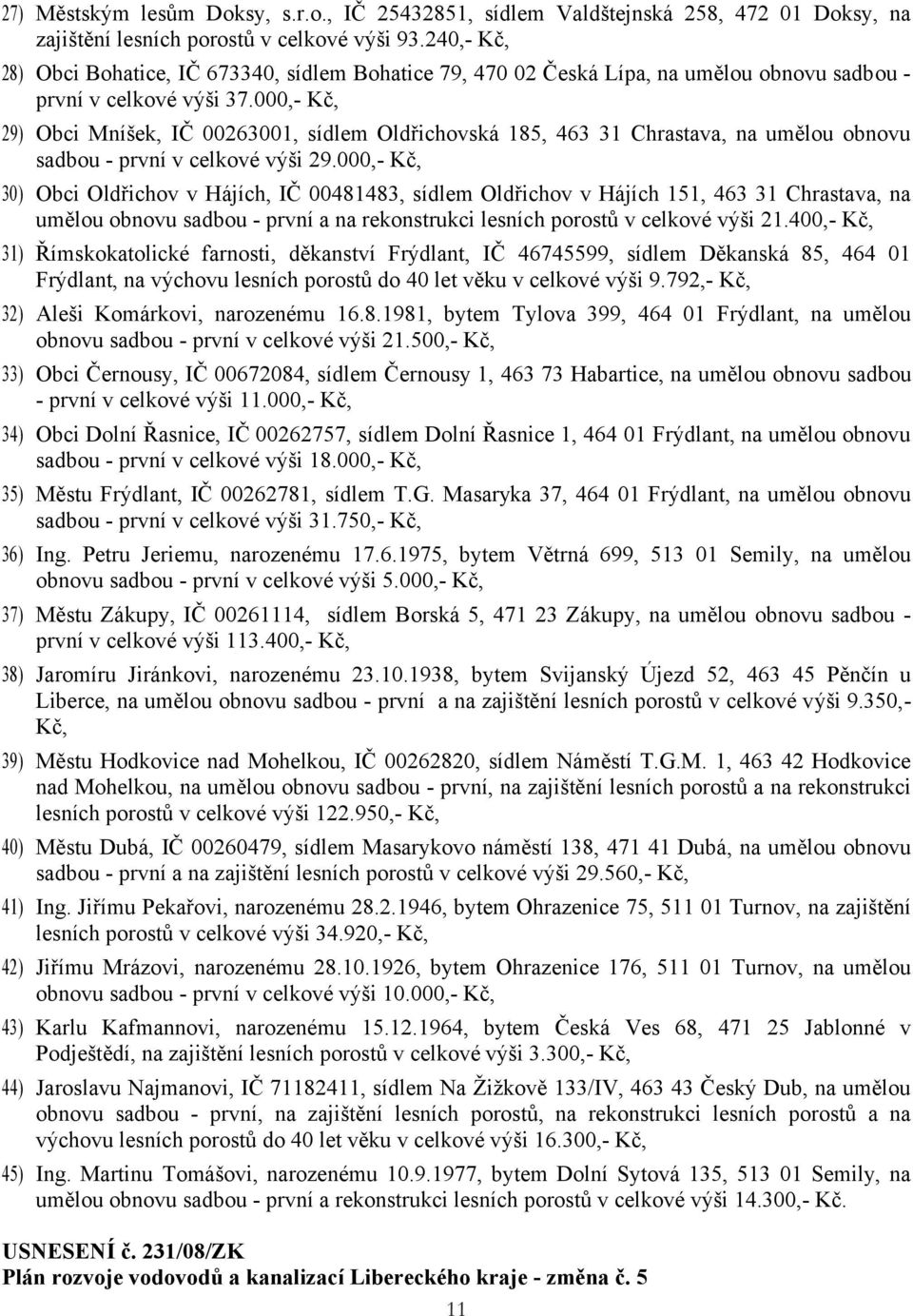 000,- Kč, 29) Obci Mníšek, IČ 00263001, sídlem Oldřichovská 185, 463 31 Chrastava, na umělou obnovu sadbou - první v celkové výši 29.