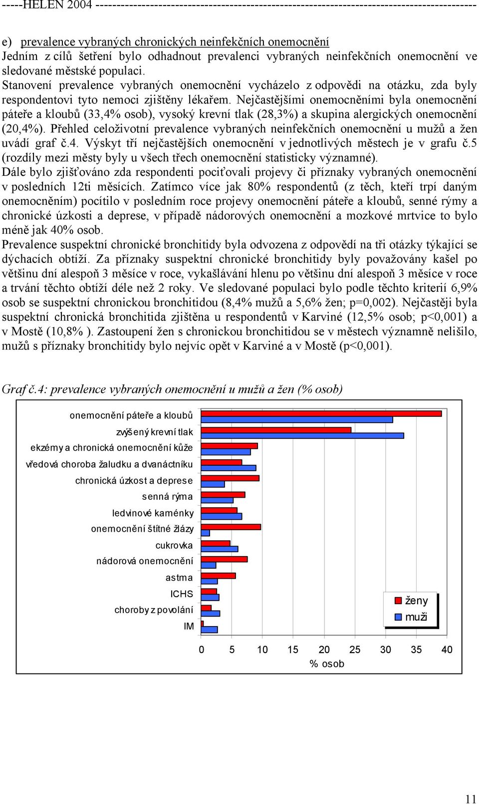 Nejčastějšími onemocněními byla onemocnění páteře a kloubů (33,4% osob), vysoký krevní tlak (28,3%) a skupina alergických onemocnění (20,4%).