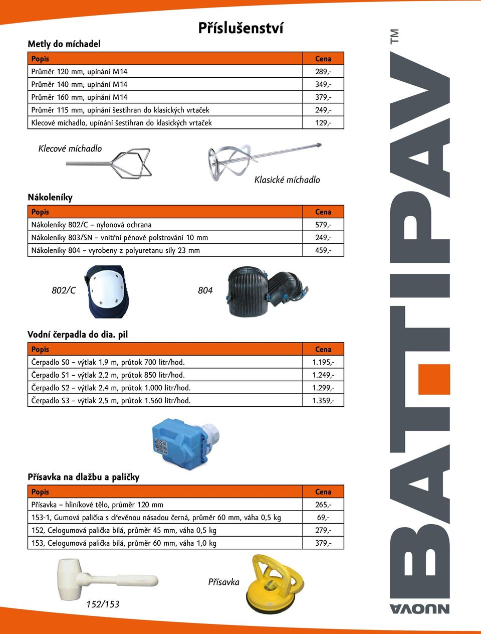 polstrování 10 mm 249,- Nákoleníky 804 vyrobeny z polyuretanu síly 23 mm 459,- 802/C 804 Vodní čerpadla do dia. pil Popis Cena Čerpadlo S0 výtlak 1,9 m, průtok 700 litr/hod. 1.195,- Čerpadlo S1 výtlak 2,2 m, průtok 850 litr/hod.