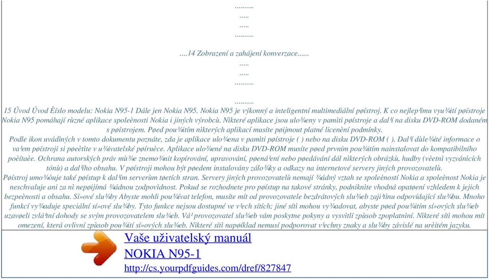 Pøed pou¾itím nìkterých aplikací musíte pøijmout platné licenèní podmínky. Podle ikon uvádìných v tomto dokumentu poznáte, zda je aplikace ulo¾ena v pamìti pøístroje ( ) nebo na disku DVD-ROM ( ).