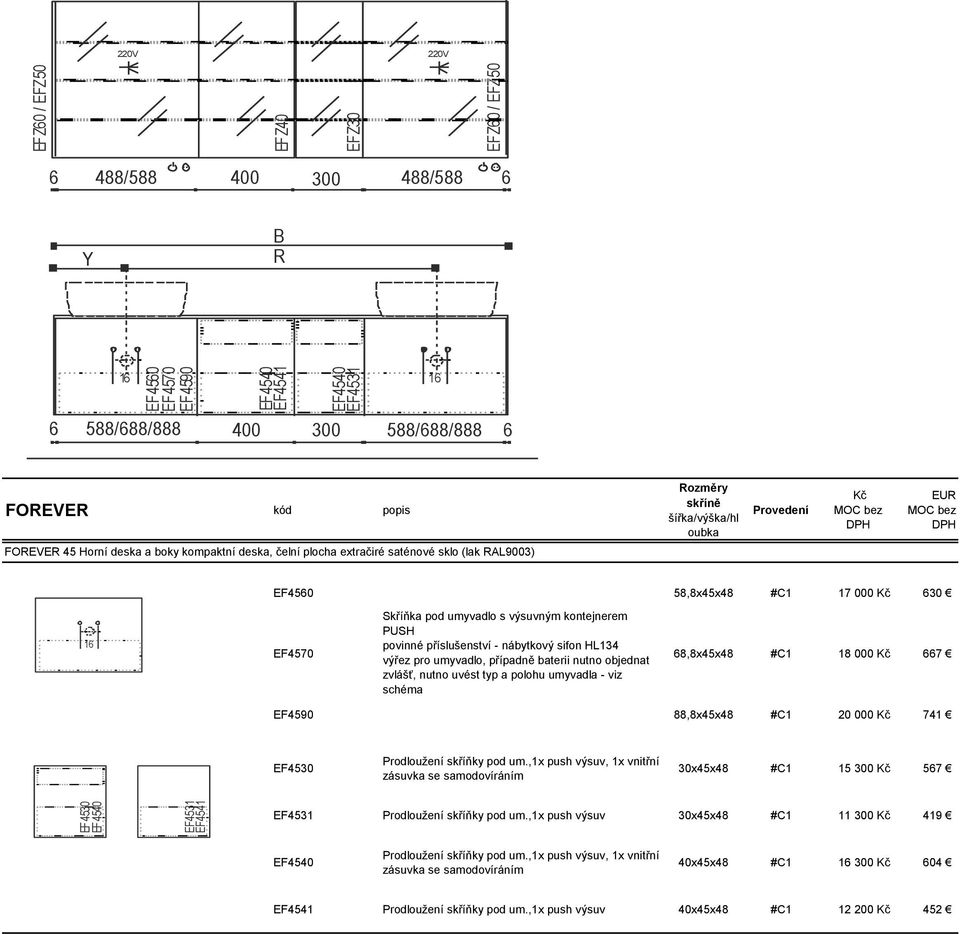 58,8x45x48 #C1 17 000 Kč 630 16 Skříňka pod umyvadlo s výsuvným kontejnerem PUSH EF4570 povinné příslušenství - nábytkový sifon HL134 výřez pro umyvadlo, případně baterii nutno objednat 68,8x45x48