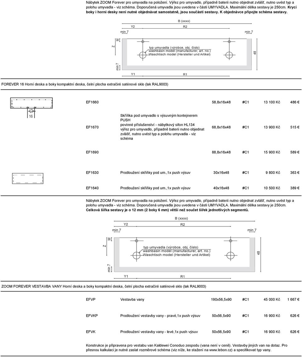 K objednávce připojte schéma sestavy. B (xxxx) Y2 R2 min 7 min 7 typ umyvadla (výrobce, obj. číslo) washbasin model (manufacturer, art. no.