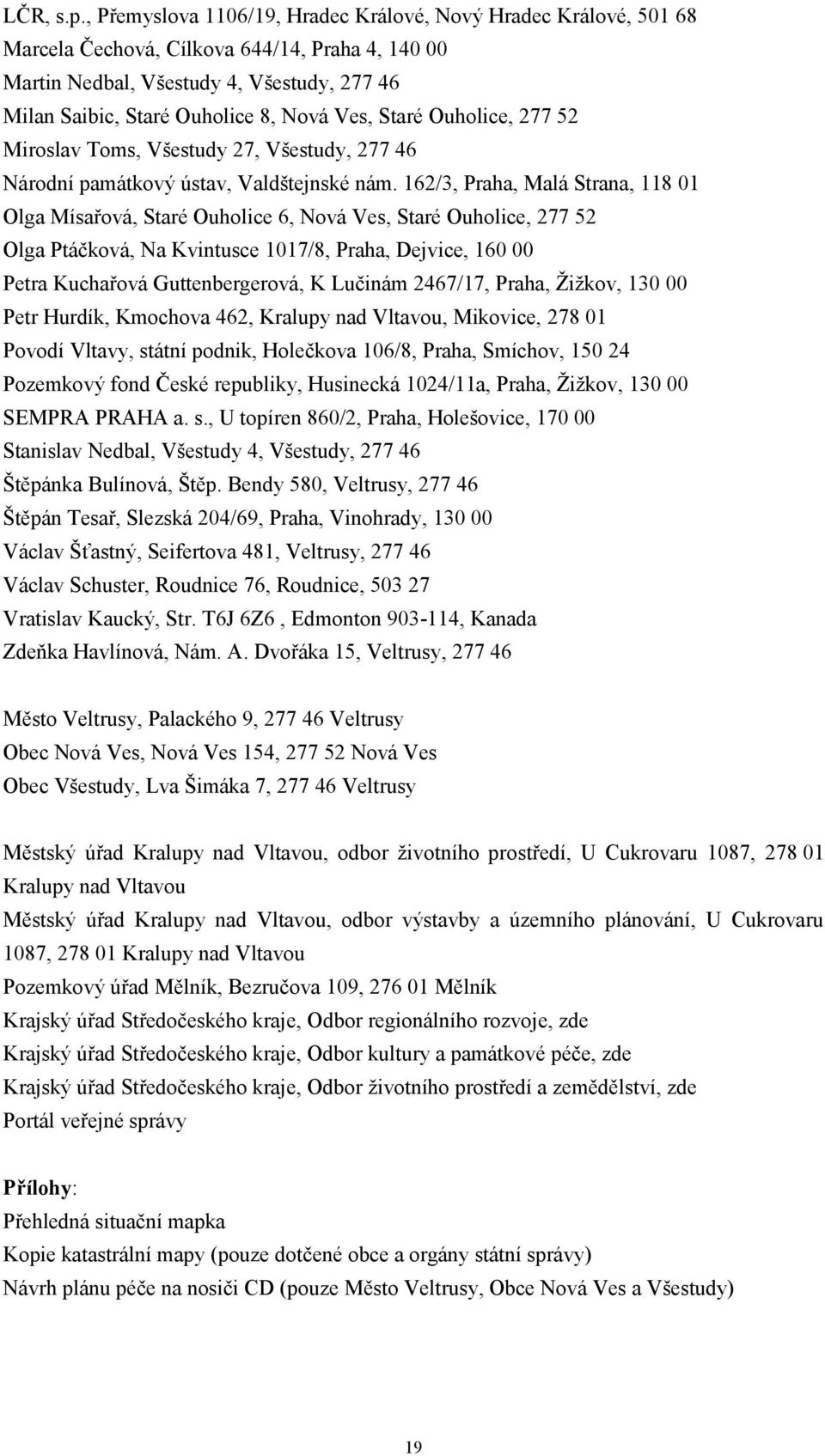 Ves, Staré Ouholice, 277 52 Miroslav Toms, Všestudy 27, Všestudy, 277 46 Národní památkový ústav, Valdštejnské nám.