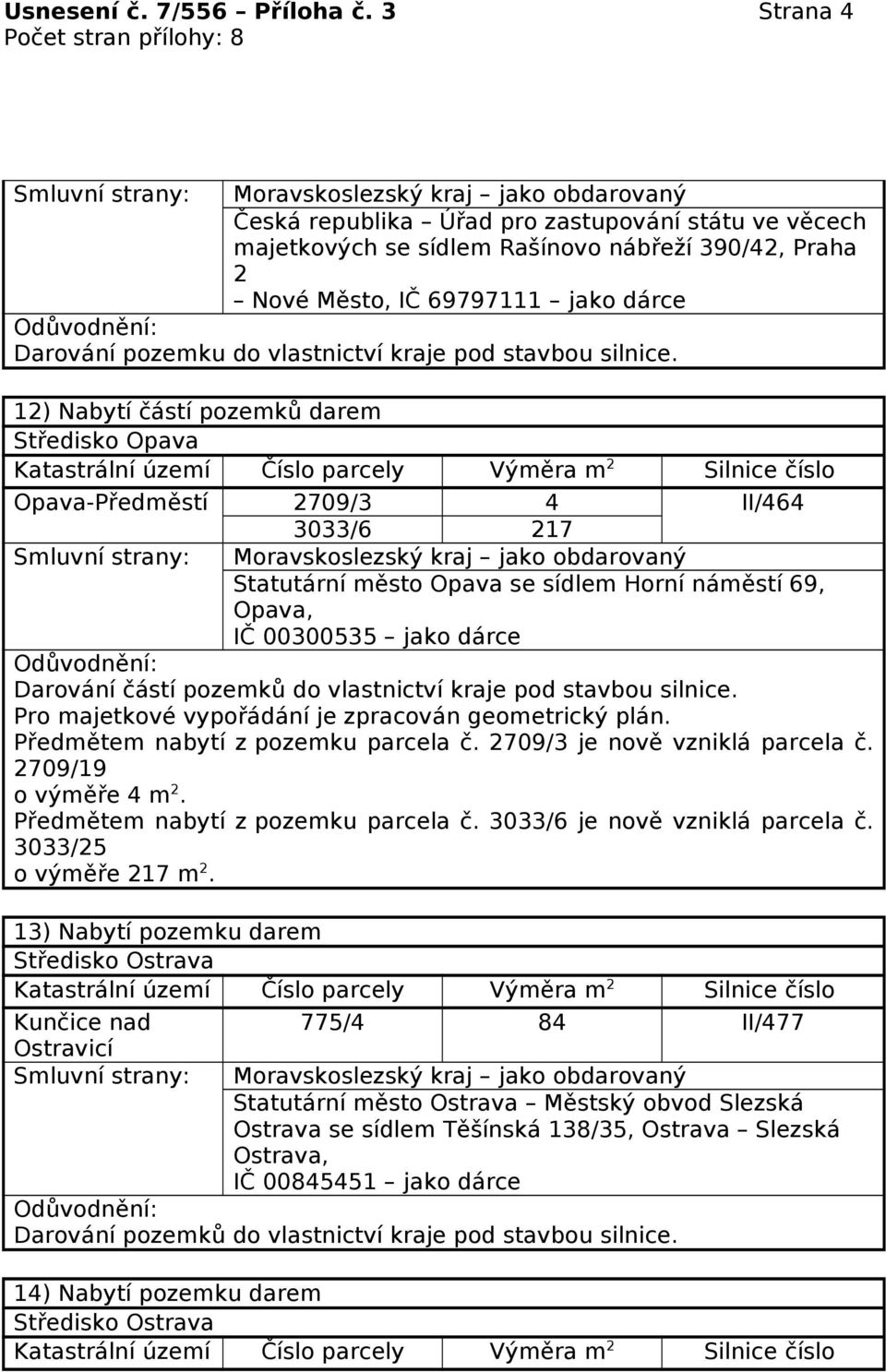 Opava Opava-Předměstí 2709/3 4 II/464 3033/6 217 Statutární město Opava se sídlem Horní náměstí 69, Opava, IČ 00300535 jako dárce Darování částí pozemků do vlastnictví kraje pod stavbou silnice.