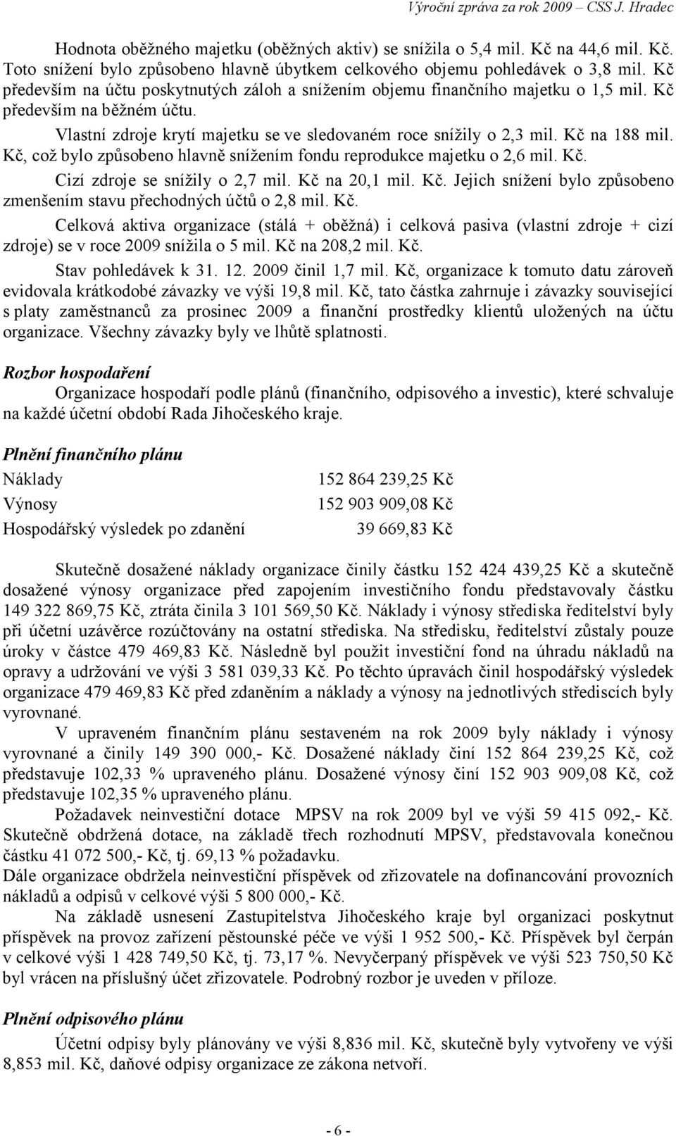 Kč na 188 mil. Kč, což bylo způsobeno hlavně snížením fondu reprodukce majetku o 2,6 mil. Kč. Cizí zdroje se snížily o 2,7 mil. Kč na 20,1 mil. Kč. Jejich snížení bylo způsobeno zmenšením stavu přechodných účtů o 2,8 mil.