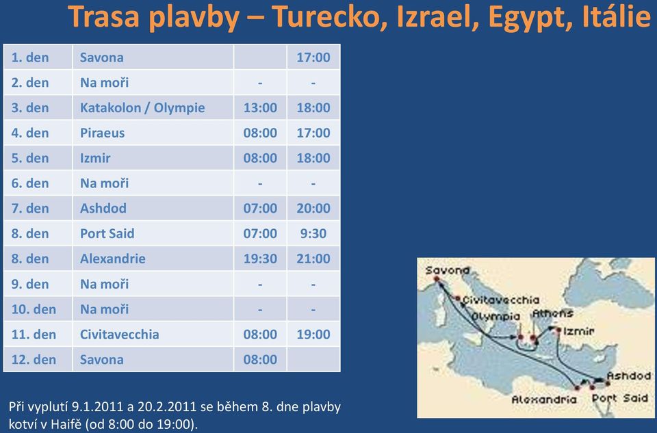den Ashdod 07:00 20:00 8. den Port Said 07:00 9:30 8. den Alexandrie 19:30 21:00 9. den Na moři - - 10.