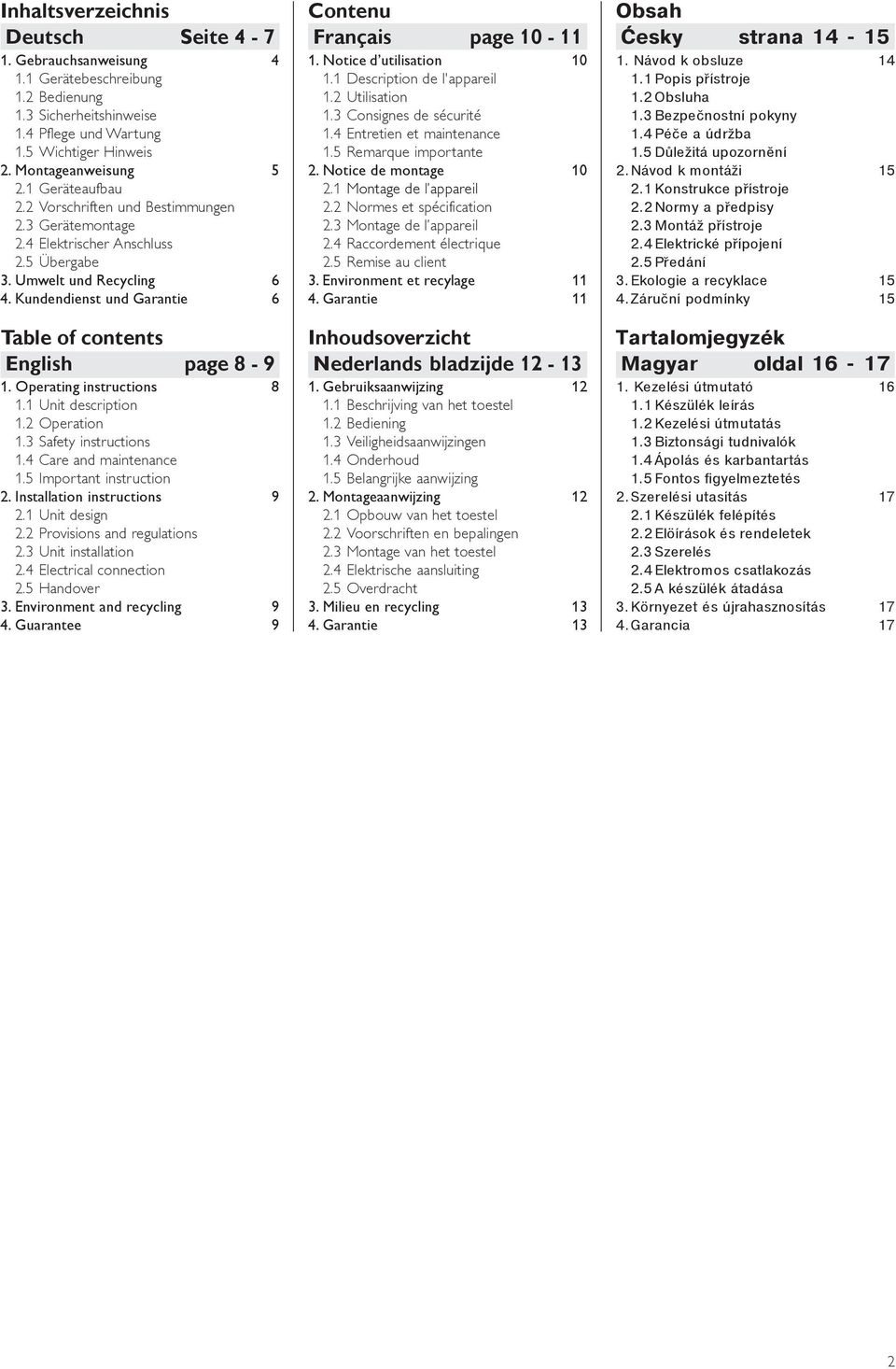 Kundendienst und Garantie 6 Table of contents English page 8-9 1. Operating instructions 8 1.1 Unit description 1.2 Operation 1.3 Safety instructions 1.4 Care and maintenance 1.