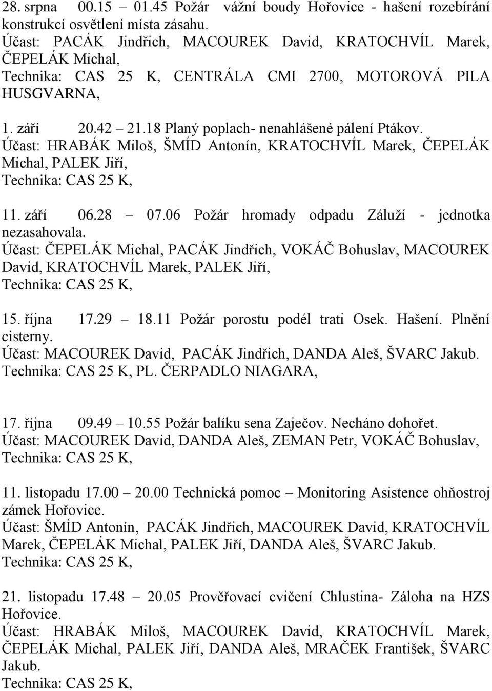 Účast: ČEPELÁK Michal, PACÁK Jindřich, VOKÁČ Bohuslav, MACOUREK David, KRATOCHVÍL Marek, PALEK Jiří, 15. října 17.29 18.11 Poţár porostu podél trati Osek. Hašení. Plnění cisterny.