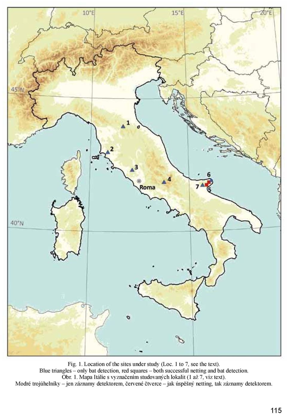 detection. Obr. 1. Mapa Itálie s vyznačením studovaných lokalit (1 až 7, viz text).
