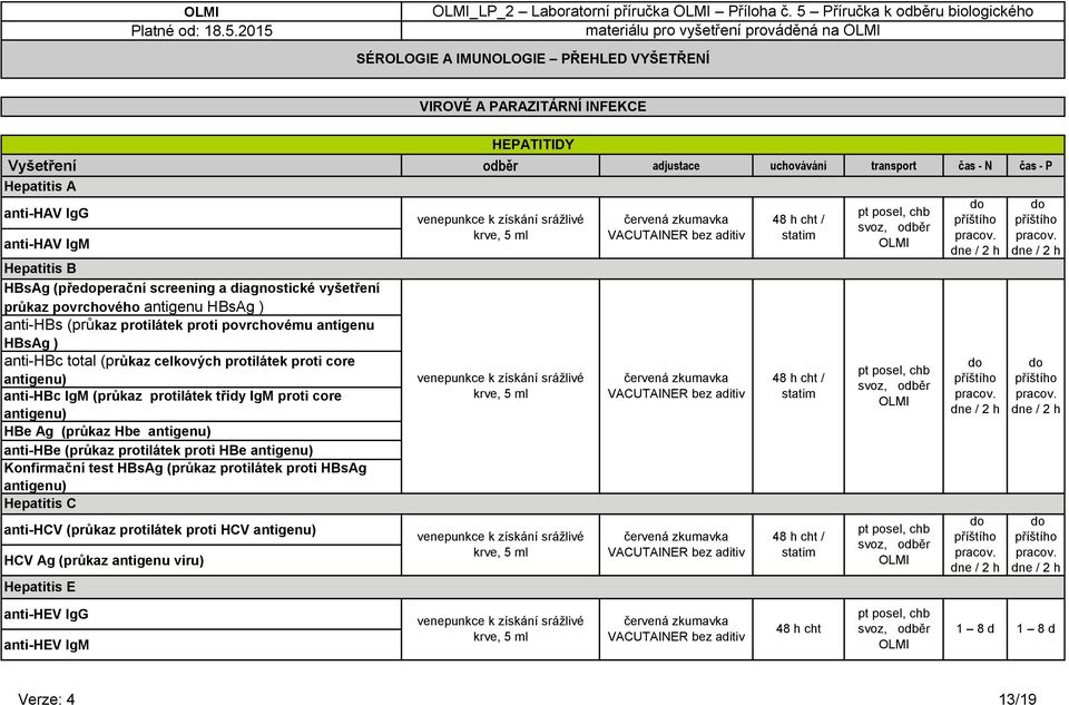 (přeperační screening a diagnostické vyšetření průkaz povrchového antigenu HBsAg ) anti-hbs (průkaz protilátek proti povrchovému antigenu HBsAg ) anti-hbc total (průkaz celkových protilátek proti