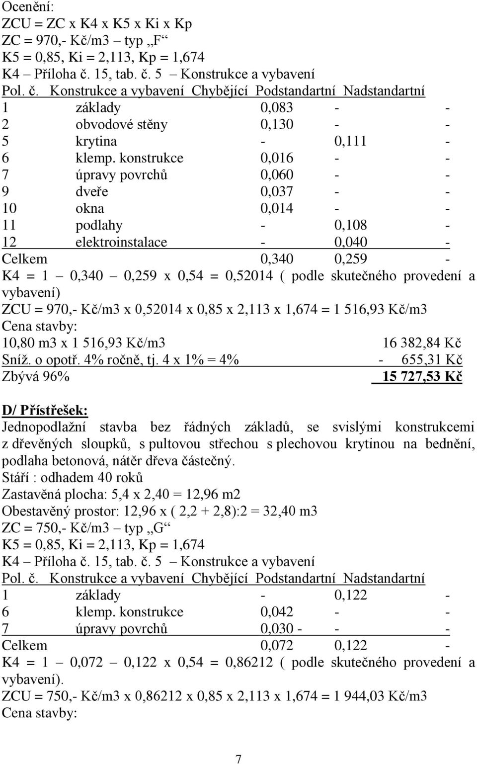 konstrukce 0,016 - - 7 úpravy povrchů 0,060 - - 9 dveře 0,037 - - 10 okna 0,014 - - 11 podlahy - 0,108-12 elektroinstalace - 0,040 - Celkem 0,340 0,259 - K4 = 1 0,340 0,259 x 0,54 = 0,52014 ( podle