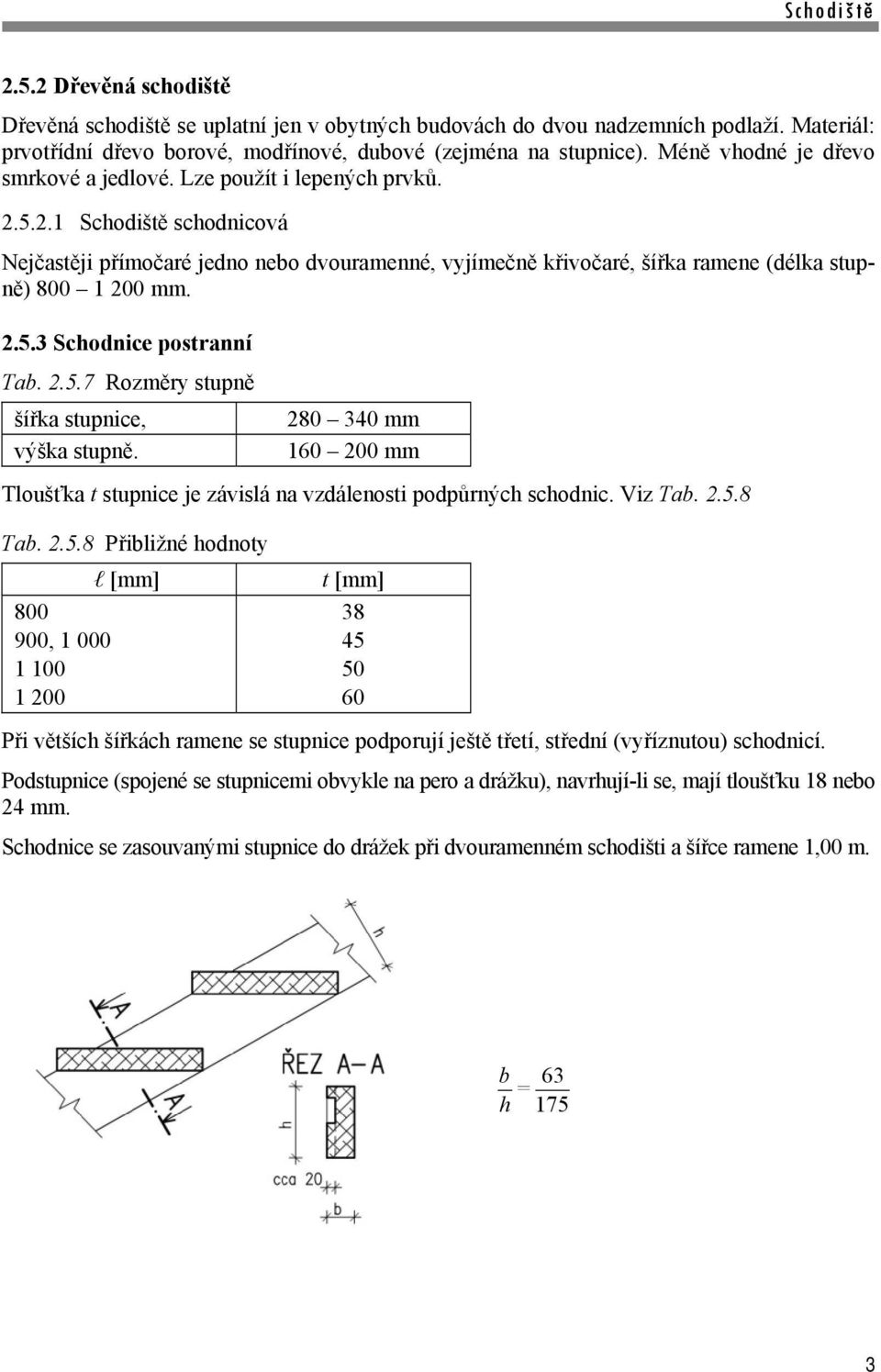 5.2.1 Schodiště schodnicová Nejčastěji přímočaré jedno nebo dvouramenné, vyjímečně křivočaré, šířka ramene (délka stupně) 800 1 200 mm. 2.5.3 Schodnice postranní Tab. 2.5.7 Rozměry stupně šířka stupnice, výška stupně.