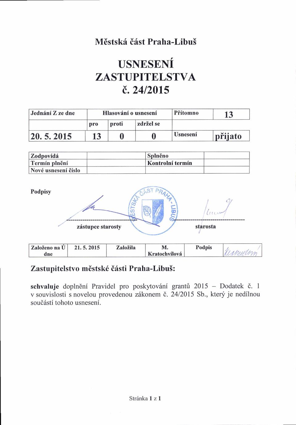 X,7t/ztn' Zastupitelstvo mestsk6 i6sti Praha-Libu5: schvaluje doplndni Pravidel pro poskyov6ni granti 2015 - Dodatek d.