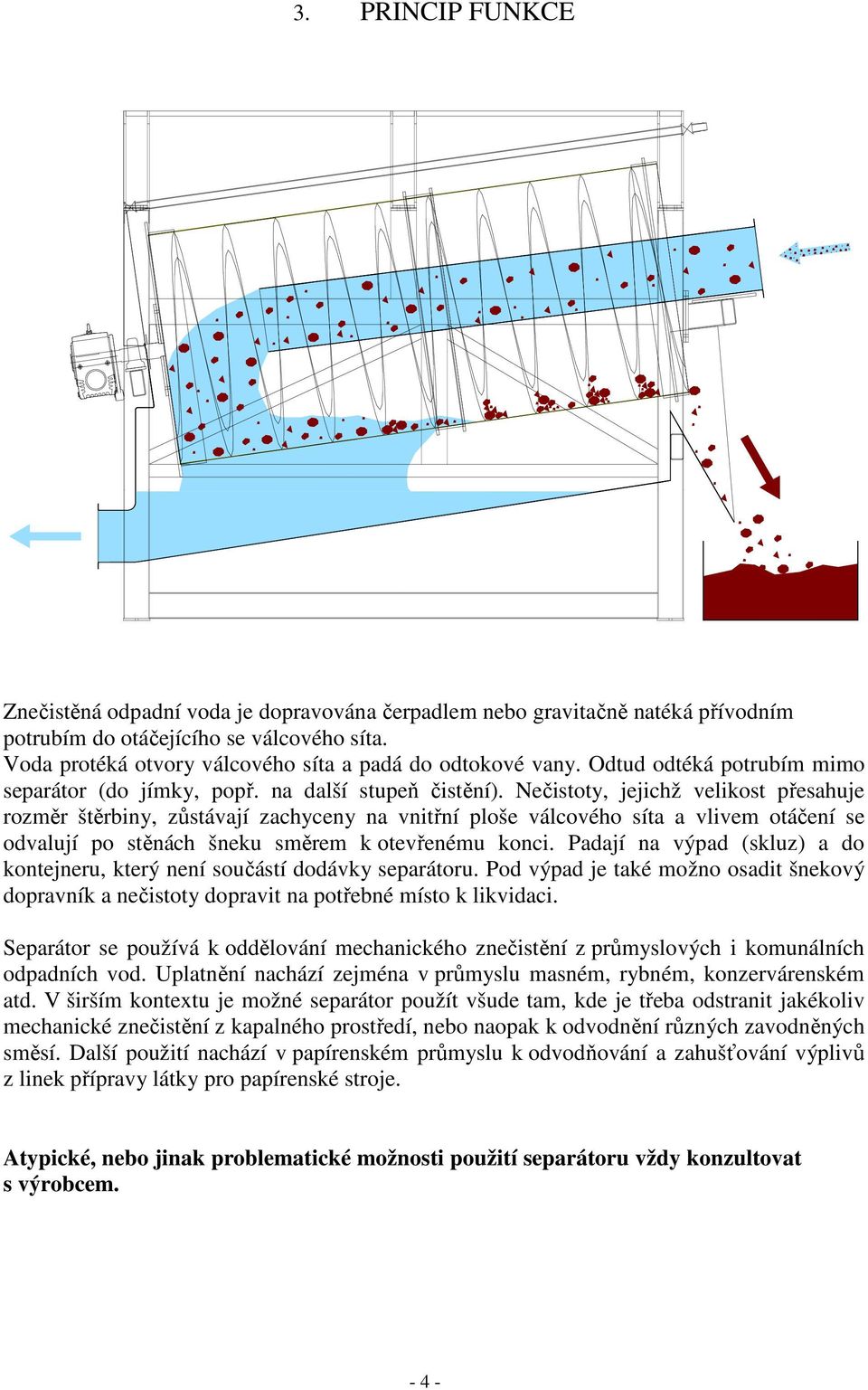 Nečistoty, jejichž velikost přesahuje rozměr štěrbiny, zůstávají zachyceny na vnitřní ploše válcového síta a vlivem otáčení se odvalují po stěnách šneku směrem k otevřenému konci.