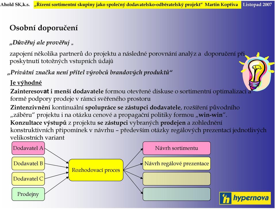 kontinuální spolupráce se zástupci dodavatele, rozšíření původního záběru projektu i na otázku cenové a propagační politiky formou win-win.