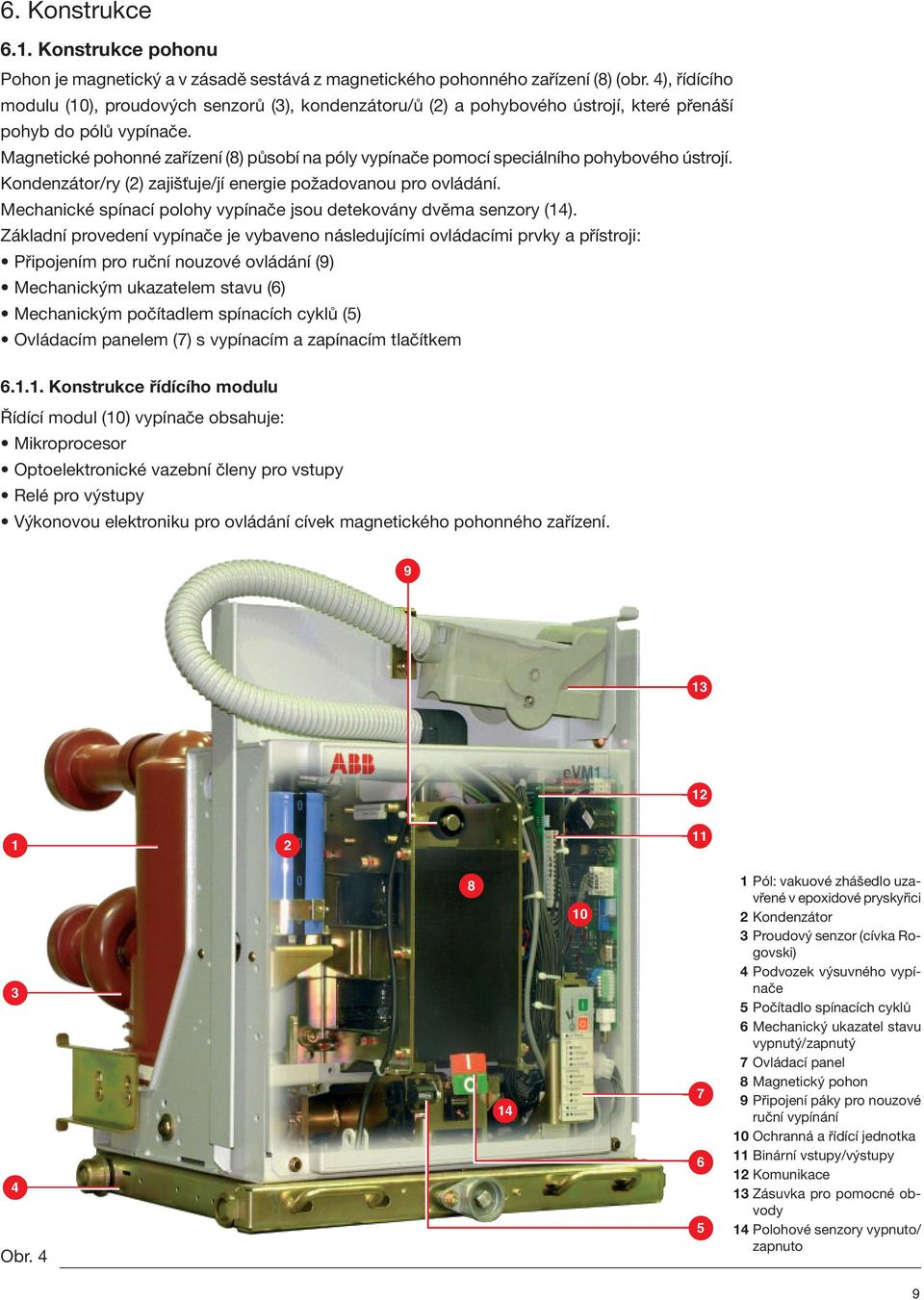 Magnetické pohonné zařízení (8) působí na póly vypínače pomocí speciálního pohybového ústrojí. Kondenzátor/ry (2) zajišťuje/jí energie požadovanou pro ovládání.