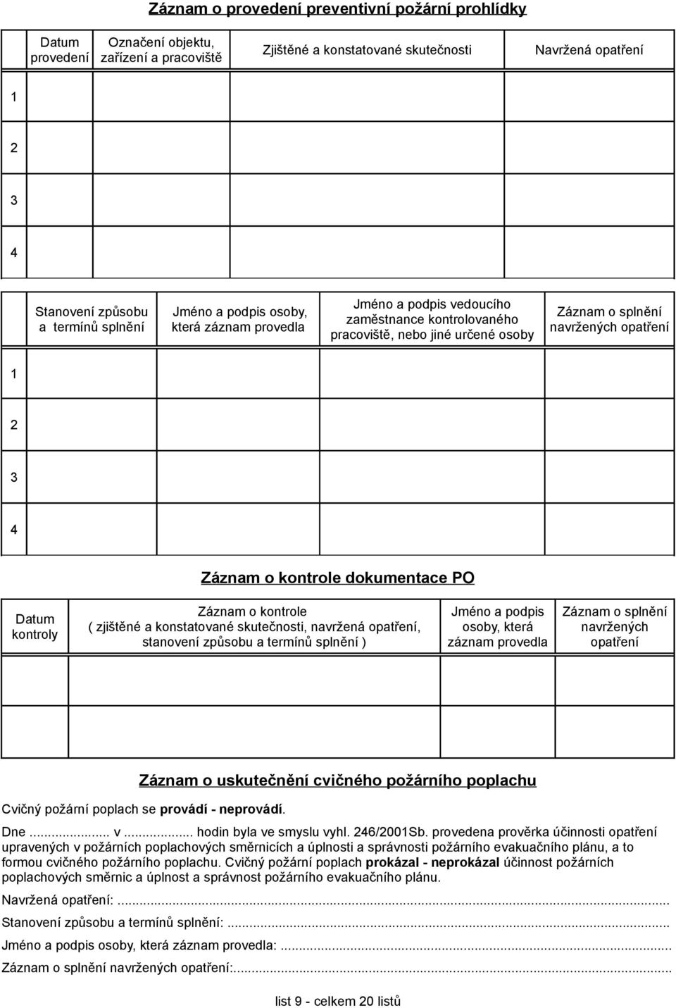 skutečnosti, navržená opatření, stanovení způsobu a termínů splnění ) Jméno a podpis osoby, která navržených opatření Záznam o uskutečnění cvičného požárního poplachu Cvičný požární poplach se