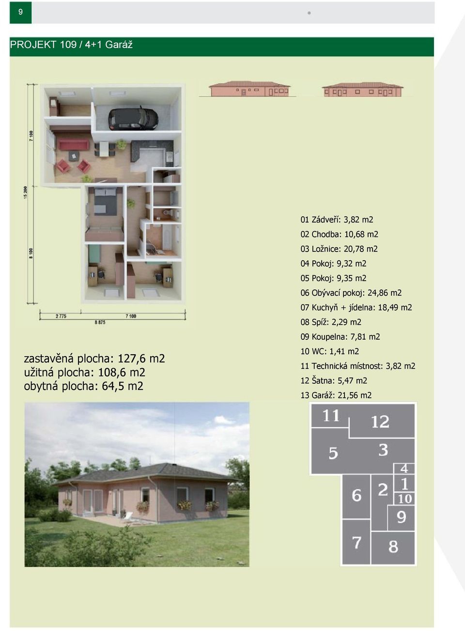 Spíž: 2,29 m2 09 Koupelna: 7,81 m2 zastavěná plocha: 127,6 m2 užitná plocha: 108,6 m2 obytná