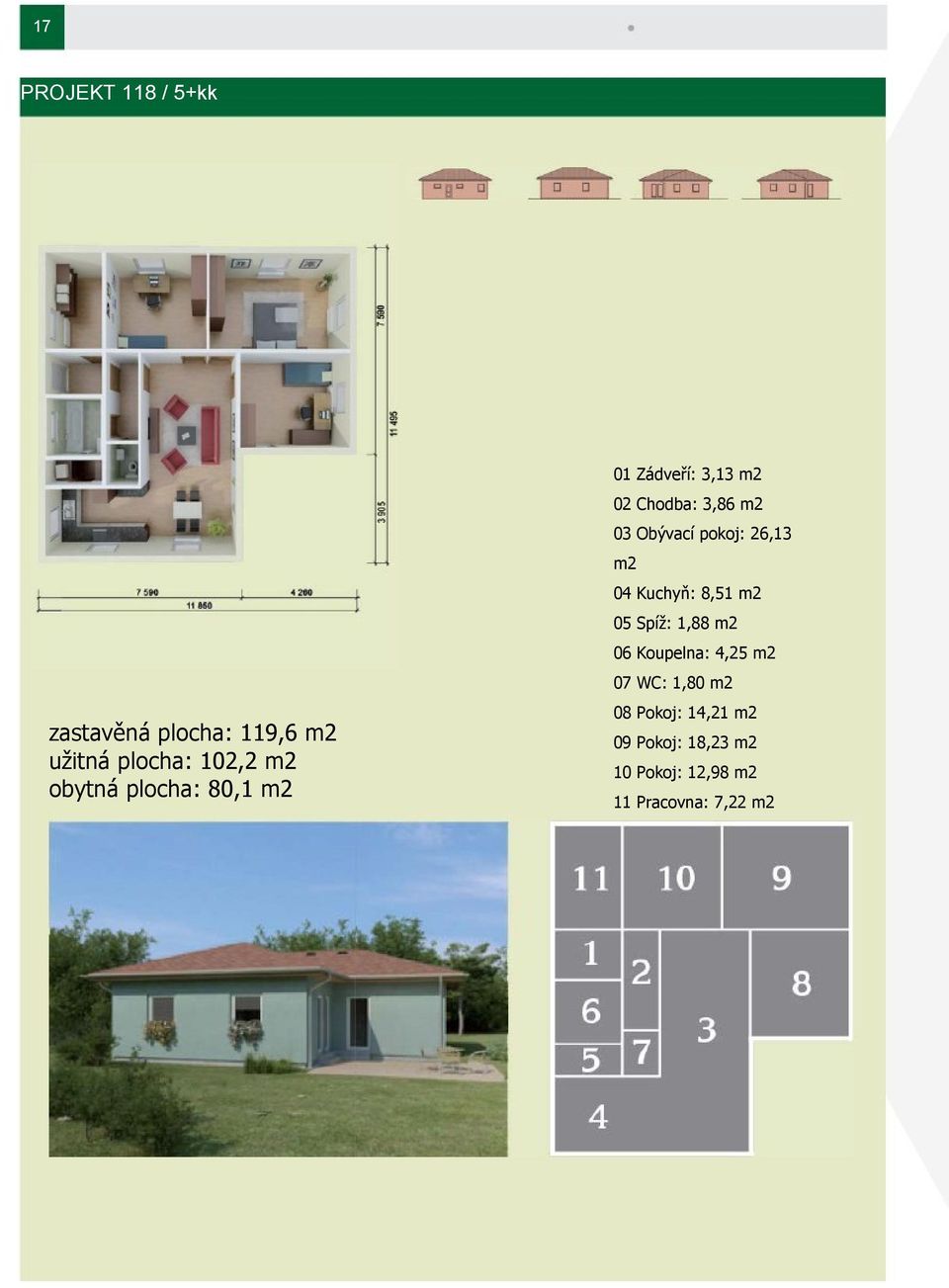 WC: 1,80 m2 zastavěná plocha: 119,6 m2 užitná plocha: 102,2 m2 obytná plocha: