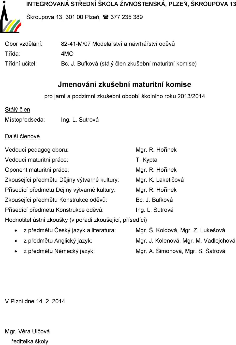 R. Hořínek Zkoušející předmětu Konstrukce oděvů: Bc. J.