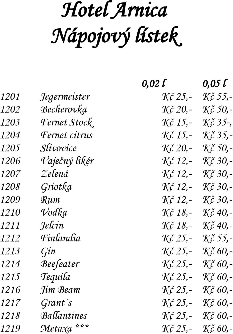 12,- Kč 30,- 1210 Vodka Kč 18,- Kč 40,- 1211 Jelcin Kč 18,- Kč 40,- 1212 Finlandia Kč 25,- Kč 55,- 1213 Gin Kč 25,- Kč 60,- 1214 Beefeater Kč 25,- Kč