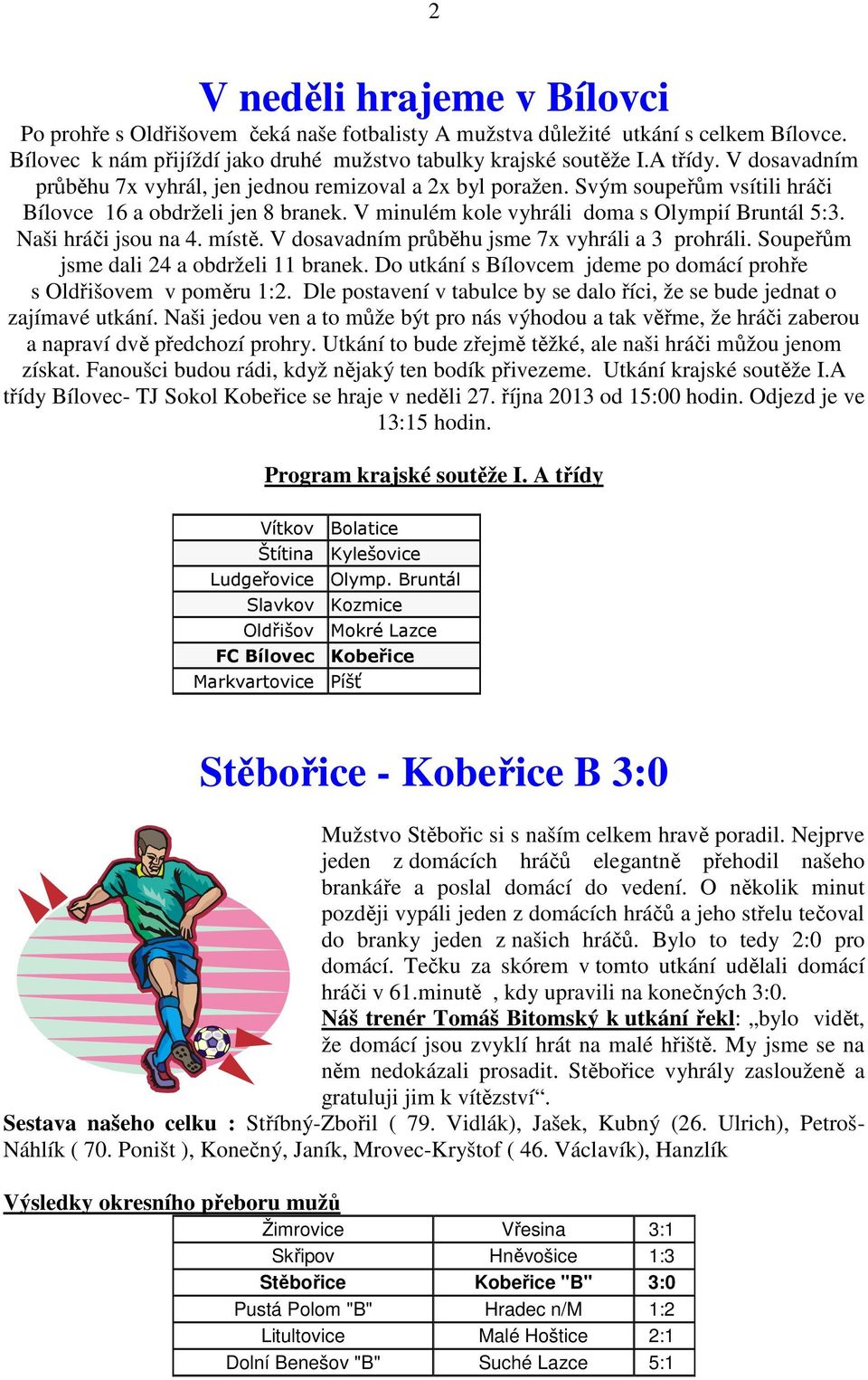 Naši hráči jsou na 4. místě. V dosavadním průběhu jsme 7x vyhráli a 3 prohráli. Soupeřům jsme dali 24 a obdrželi 11 branek. Do utkání s Bílovcem jdeme po domácí prohře s Oldřišovem v poměru 1:2.