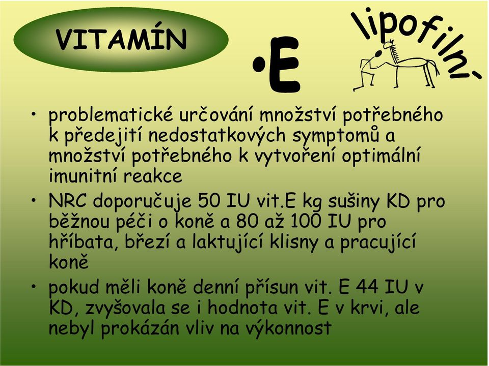 e kg sušiny KD pro běžnou péči o koně a 80 až 100 IU pro hříbata, březí a laktující klisny a