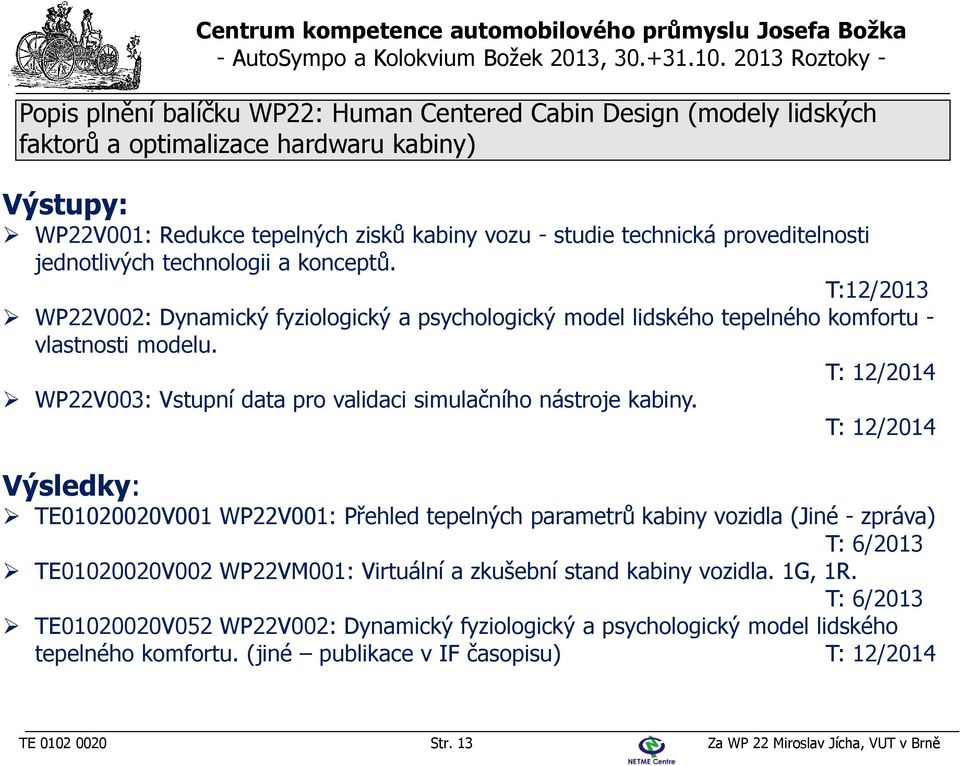 T: 12/2014 WP22V003: Vstupní data pro validaci simulačního nástroje kabiny.