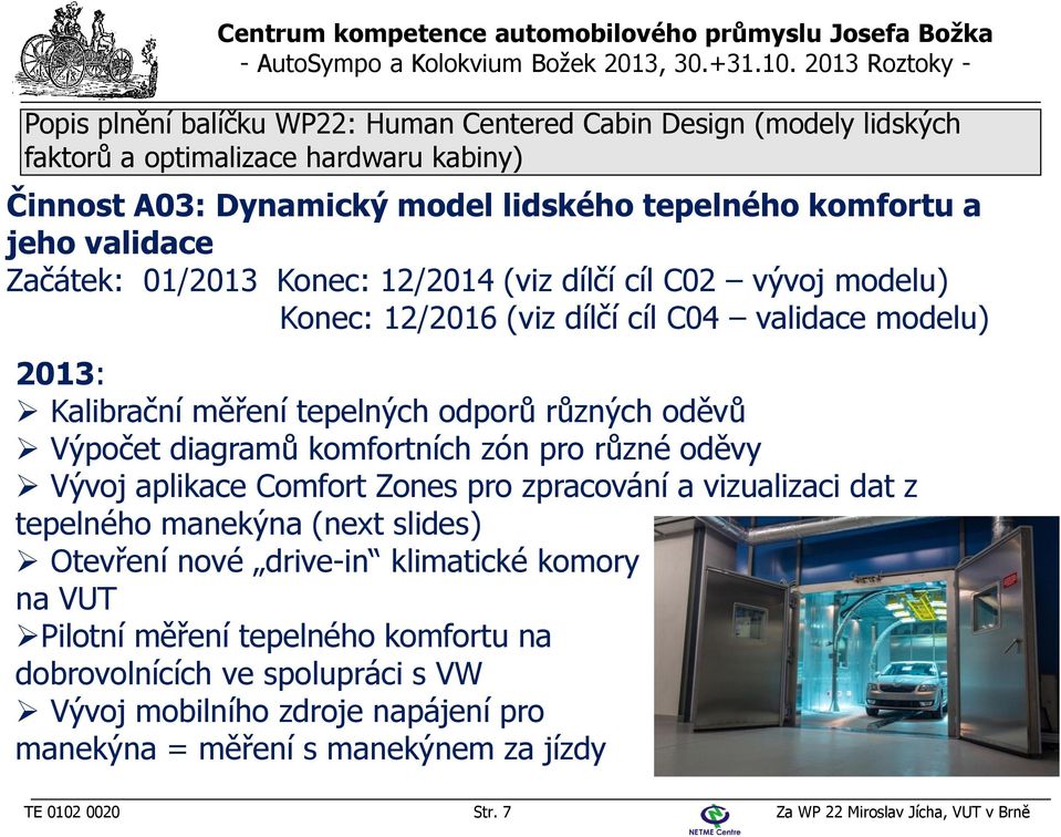 Zones pro zpracování a vizualizaci dat z tepelného manekýna (next slides) Otevření nové drive-in klimatické komory na VUT Pilotní měření tepelného komfortu na