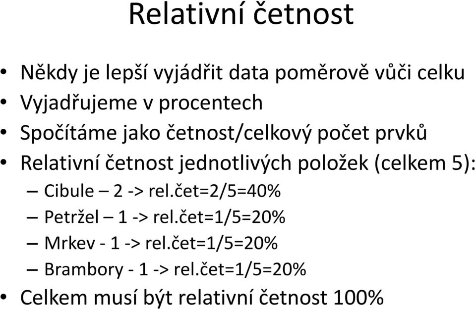 položek (celkem 5): Cibule 2 -> rel.čet=2/5=40% Petržel 1 -> rel.