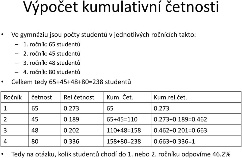 ročník: 80 studentů Celkem tedy 65+45+48+80=238 studentů Ročník četnost Rel.četnost Kum. Čet. Kum.rel.čet. 1 65 0.