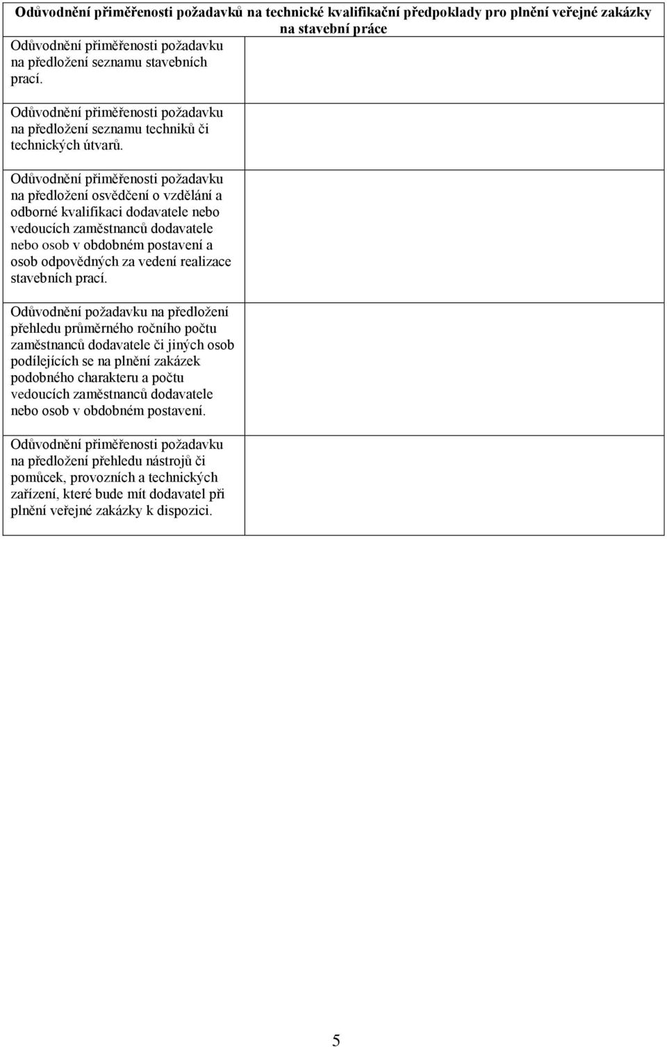 na předložení osvědčení o vzdělání a odborné kvalifikaci dodavatele nebo vedoucích zaměstnanců dodavatele nebo osob v obdobném postavení a osob odpovědných za vedení realizace stavebních prací.