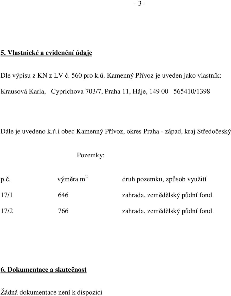 Kamenný Přívoz je uveden jako vlastník: Krausová Karla, Cyprichova 703/7, Praha 11, Háje, 149 00 565410/1398 Dále