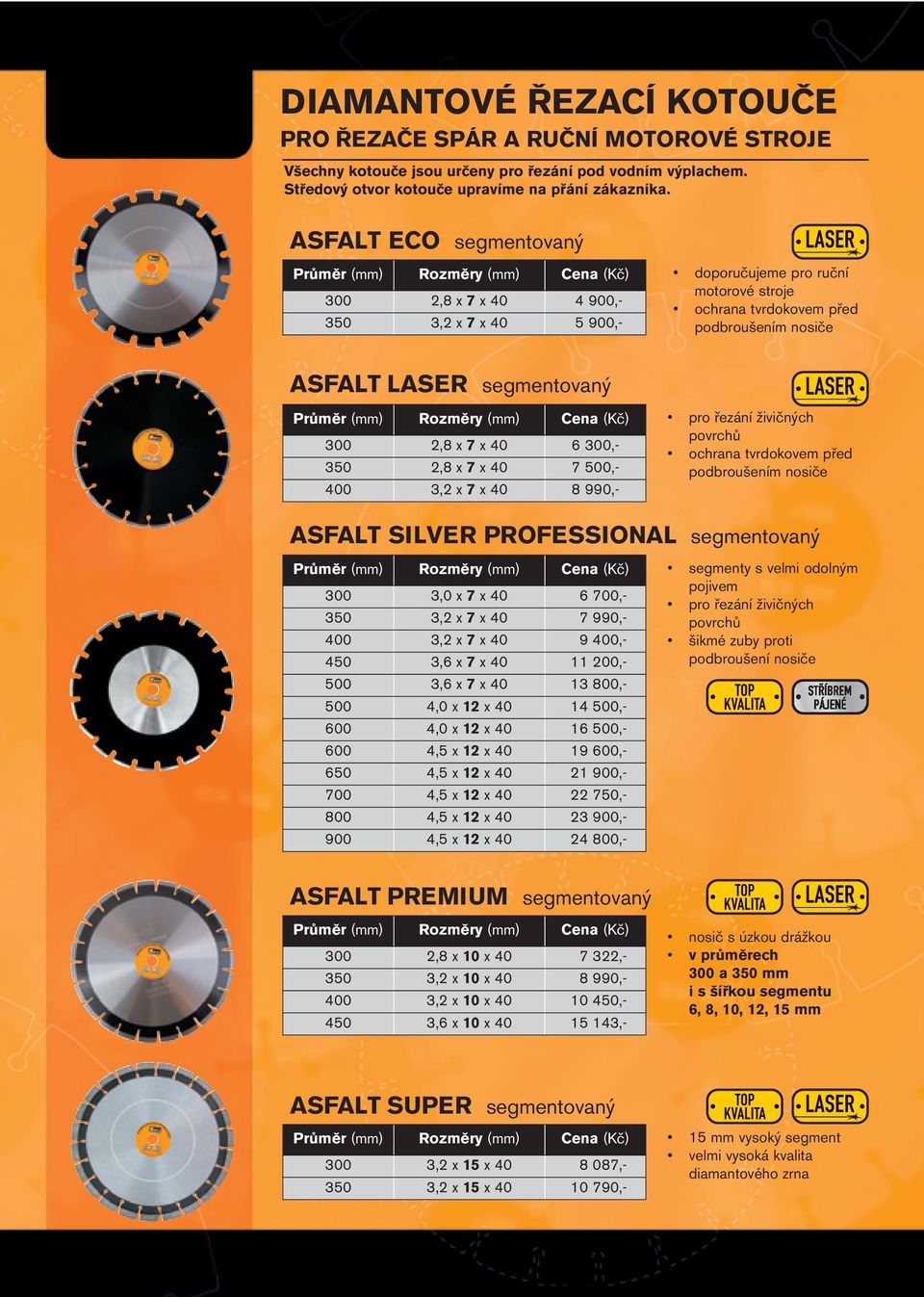 6 300,- 350 2,8 x 7 x 40 7 500,- 400 3,2 x 7 x 40 8 990,- pro řezání živičných povrchů ochrana tvrdokovem před podbroušením nosiče ASFALT SILVER PROFESSIONAL segmentovaný 300 3,0 x 7 x 40 6 700,- 350