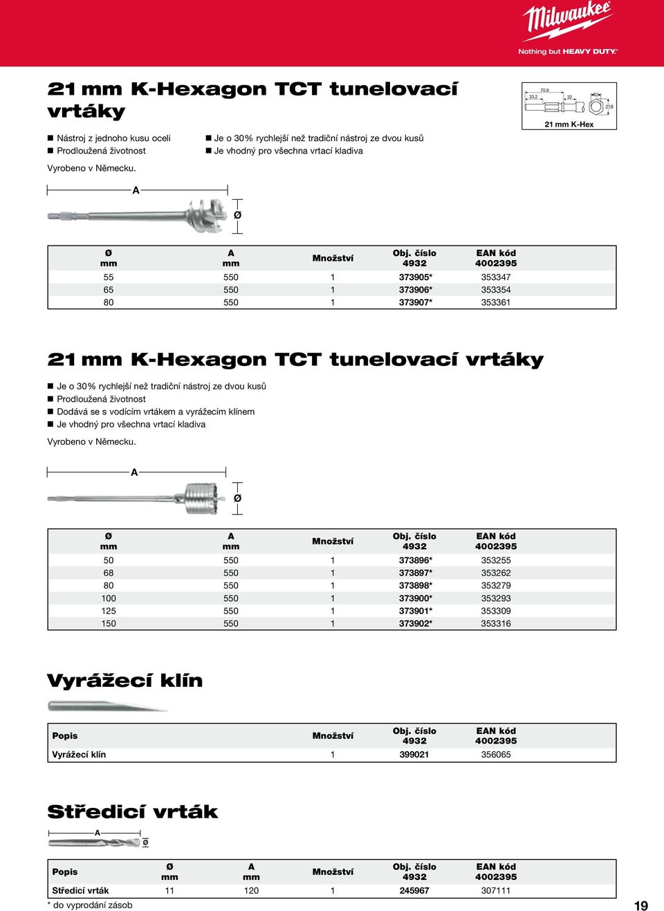 EN kód 55 550 373905* 353347 65 550 373906* 353354 80 550 373907* 35336 2 K-Hexagon TCT tunelovací vrtáky Je o 30 % rychlejší než tradiční nástroj ze dvou kusů Prodloužená životnost Dodává