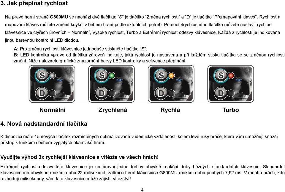 Pomocí 4rychlostního tlačítka můžete nastavit rychlost klávesnice ve čtyřech úrovních Normální, Vysoká rychlost, Turbo a Extrémní rychlost odezvy klávesnice.