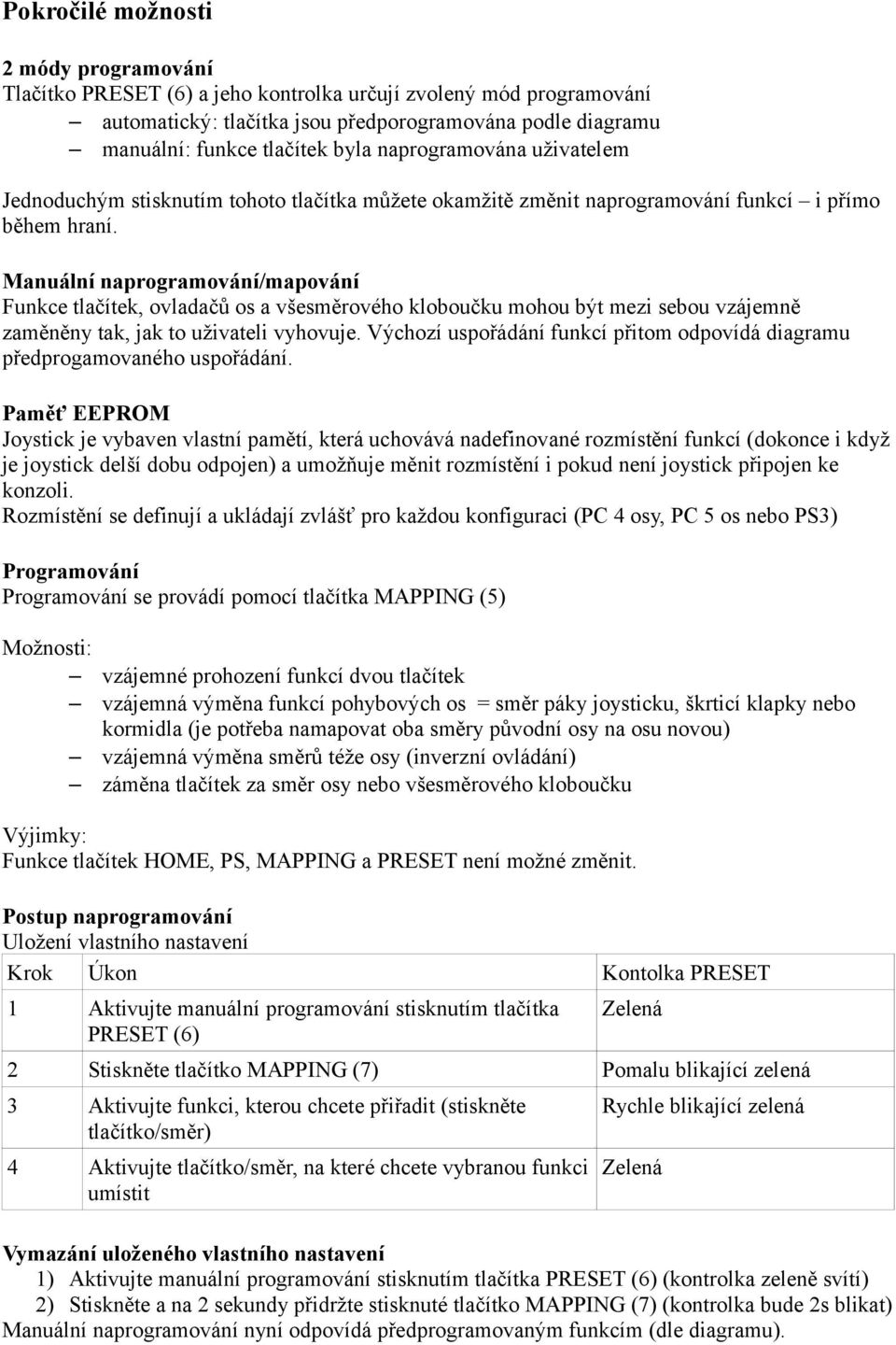 Manuální naprogramování/mapování Funkce tlačítek, ovladačů os a všesměrového kloboučku mohou být mezi sebou vzájemně zaměněny tak, jak to uživateli vyhovuje.