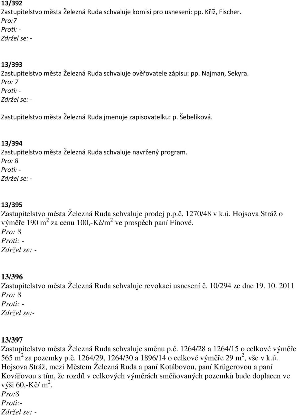 13/395 Zastupitelstvo města Železná Ruda schvaluje prodej p.p.č. 1270/48 v k.ú. Hojsova Stráž o výměře 190 m 2 za cenu 100,-Kč/m 2 ve prospěch paní Fínové.