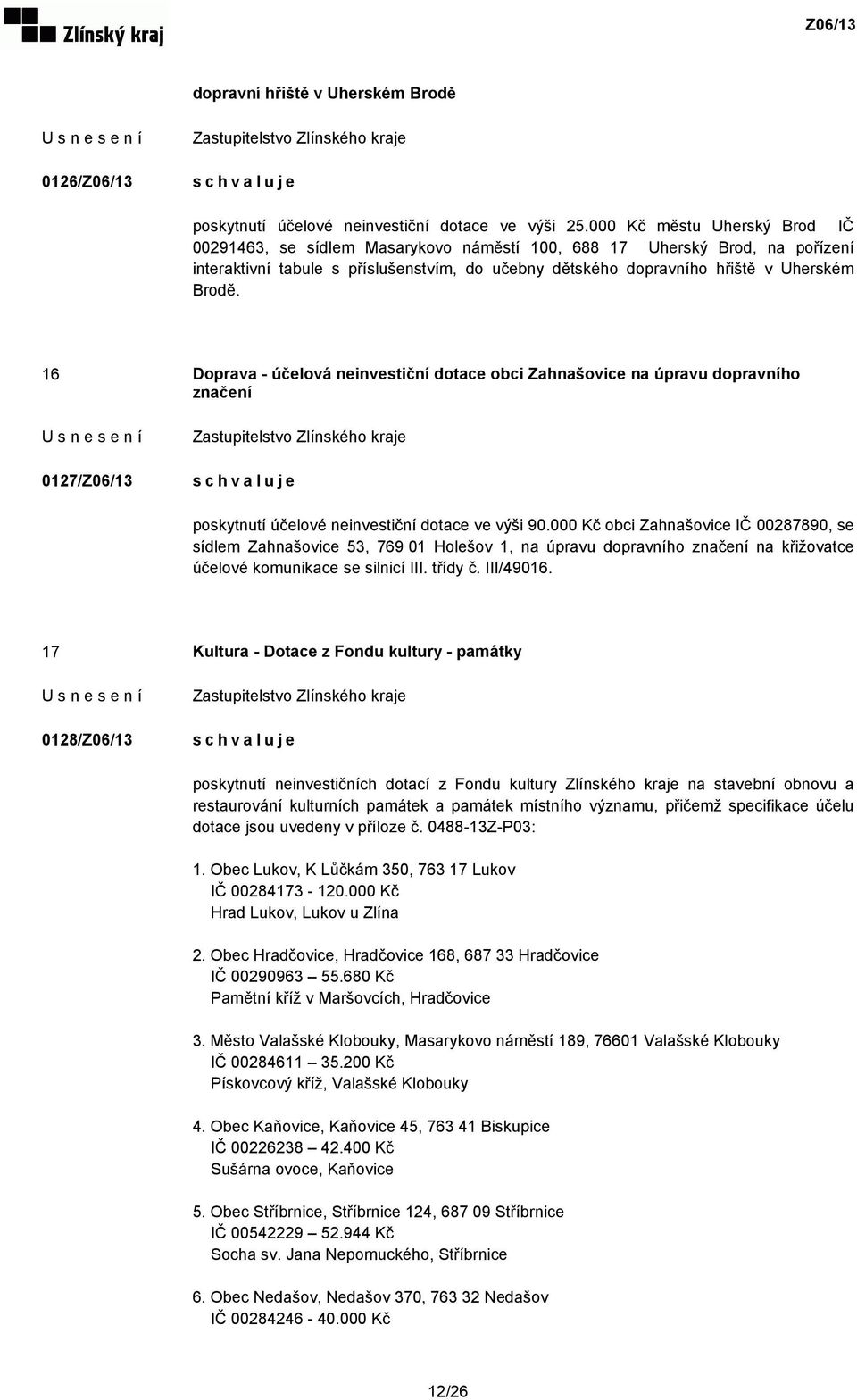 16 Doprava - účelová neinvestiční dotace obci Zahnašovice na úpravu dopravního značení 0127/Z06/13 poskytnutí účelové neinvestiční dotace ve výši 90.