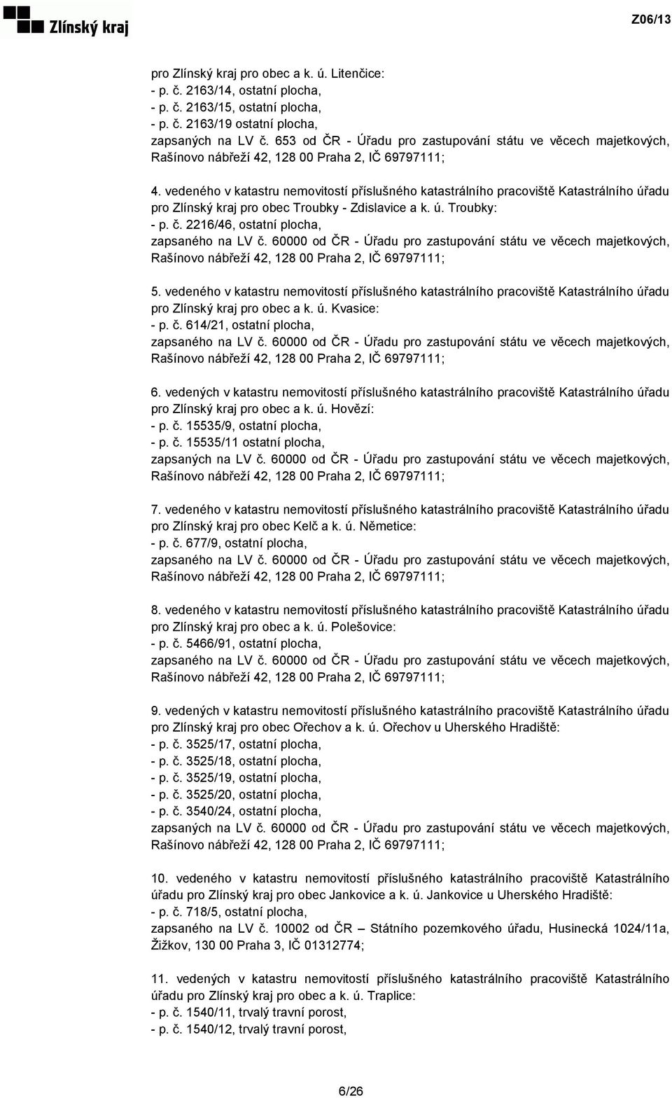 vedeného v katastru nemovitostí příslušného katastrálního pracoviště Katastrálního úřadu pro Zlínský kraj pro obec Troubky - Zdislavice a k. ú. Troubky: - p. č.