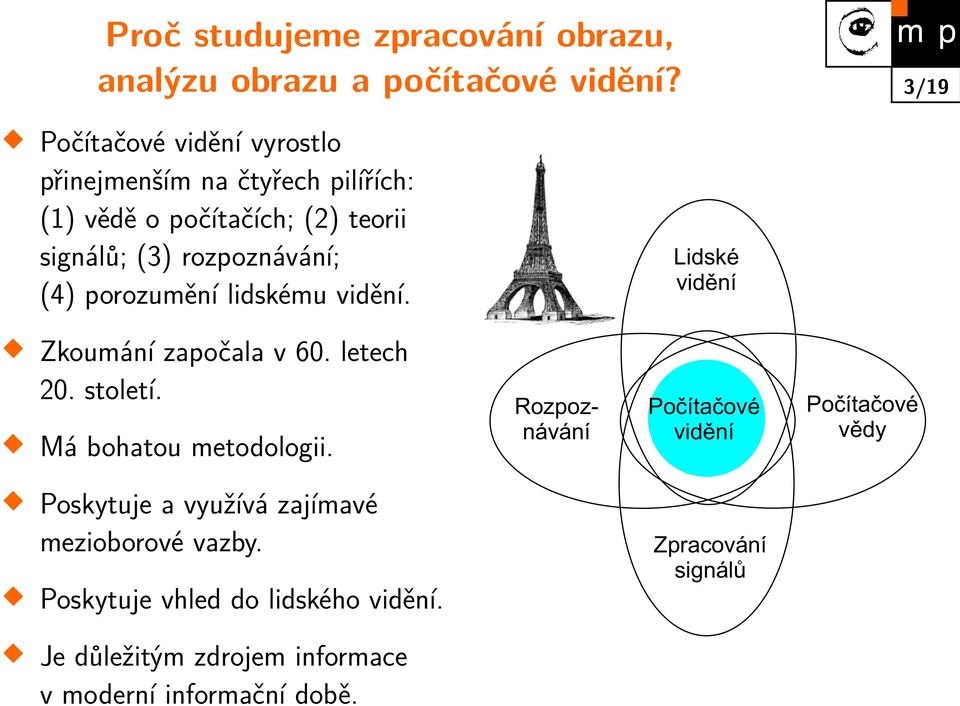 (4) porozumění lidskému vidění. Lidské vidění Zkoumání započala v 60. letech 20. století. Má bohatou metodologii.