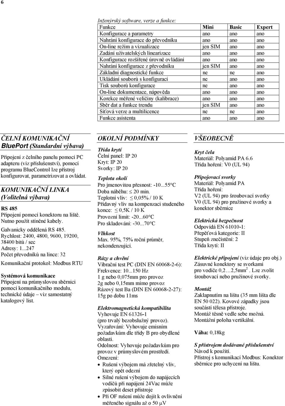 konfigurací ne ano ano Tisk souborů konfigurace ne ano ano On-line dokumentace, nápověda ano ano ano Korekce měřené veličiny (kalibrace) ano ano ano Sběr dat a funkce trendu jen SIM ano ano Síťová