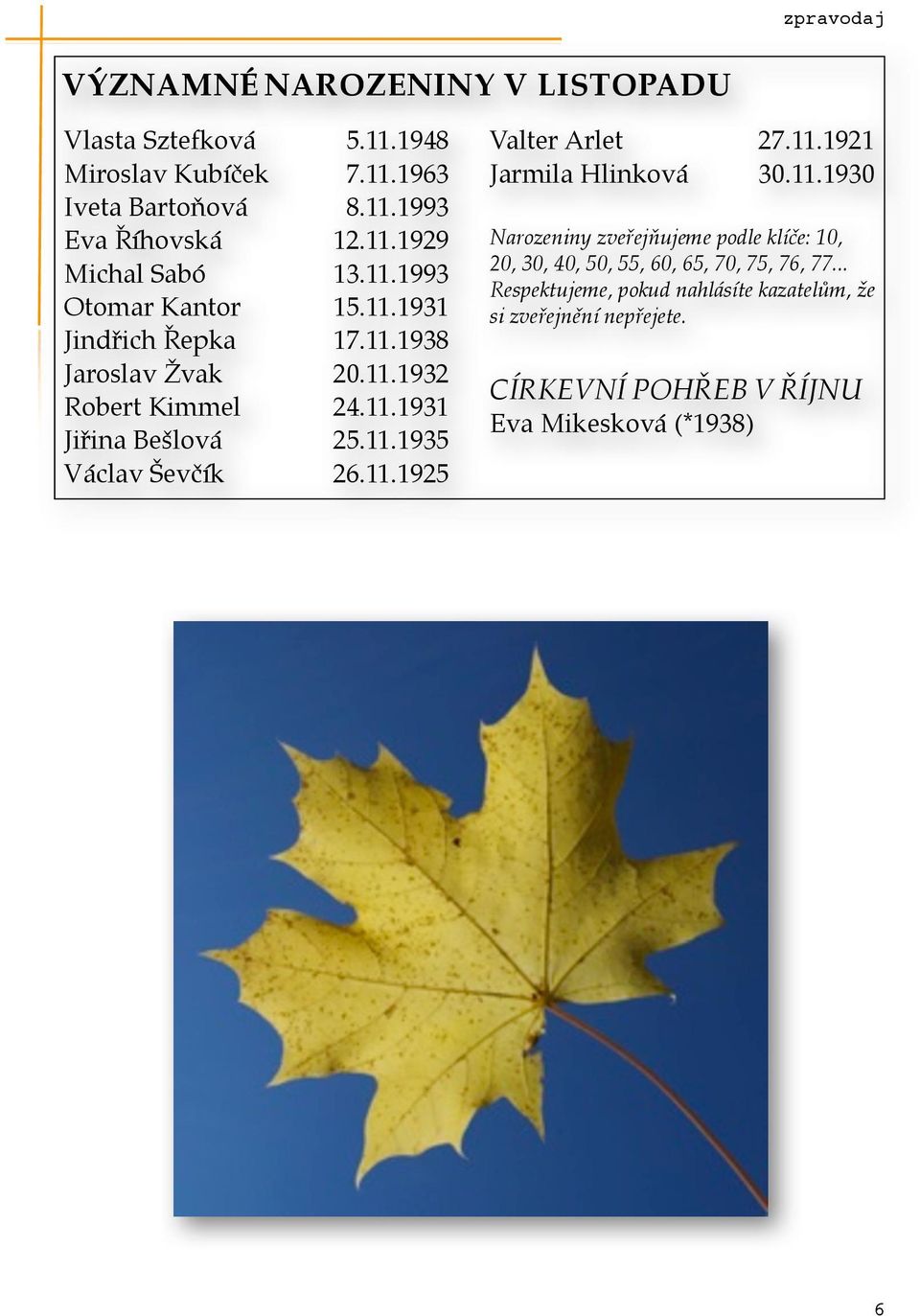 11.1925 Valter Arlet, 27.11.1921 Jarmila Hlinková, 30.11.1930 Narozeniny zveřejňujeme podle klíče: 10, 20, 30, 40, 50, 55, 60, 65, 70, 75, 76, 77.