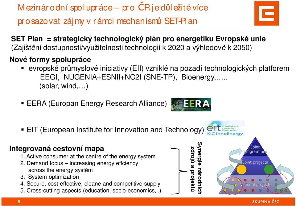 . (solar, wind, ) EERA (Europan Energy Research Alliance) EIT (European Institute for Innovation and Technology) Integrovaná cestovní mapa 1. Active consumer at the centre of the energy system 2.