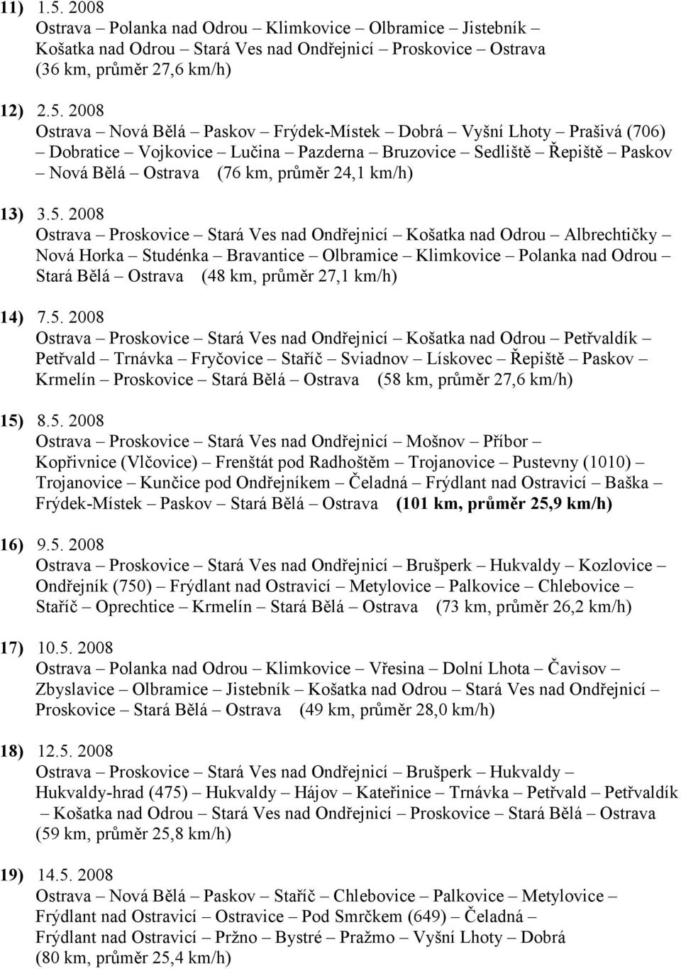 2008 Ostrava Nová Bělá Paskov Frýdek-Místek Dobrá Vyšní Lhoty Prašivá (706) Dobratice Vojkovice Lučina Pazderna Bruzovice Sedliště Řepiště Paskov Nová Bělá Ostrava (76 km, průměr 24,1 km/h) 13) 3.5.