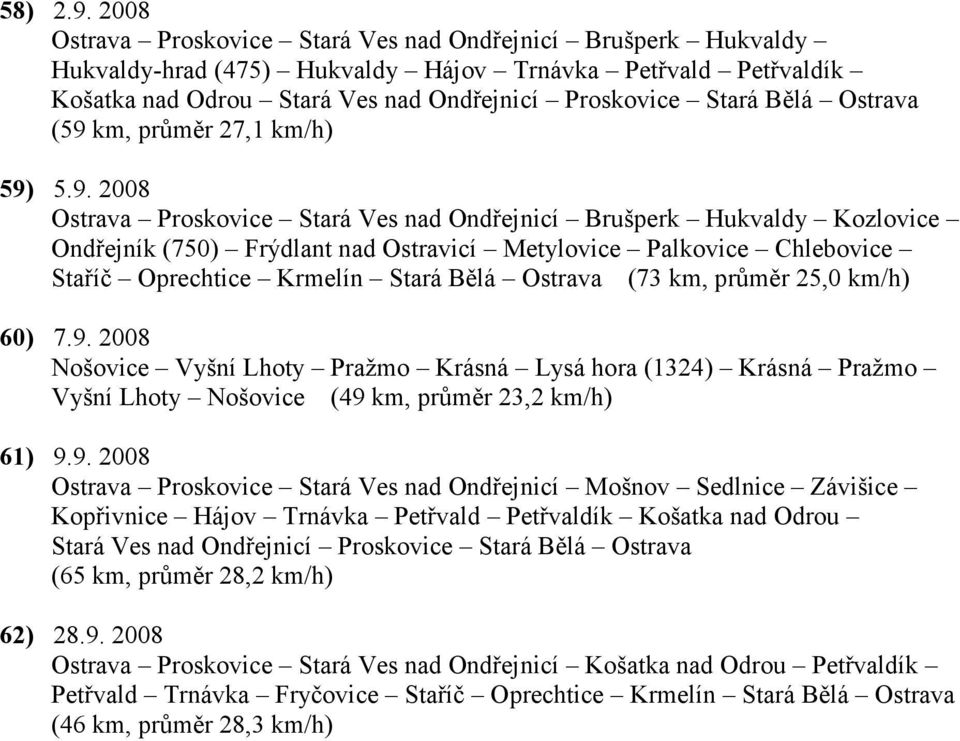 Ostrava (59 km, průměr 27,1 km/h) 59) 5.9. 2008 Staříč Oprechtice Krmelín Stará Bělá Ostrava (73 km, průměr 25,0 km/h) 60) 7.9. 2008 Nošovice Vyšní Lhoty Pražmo Krásná Lysá hora (1324) Krásná Pražmo Vyšní Lhoty Nošovice (49 km, průměr 23,2 km/h) 61) 9.