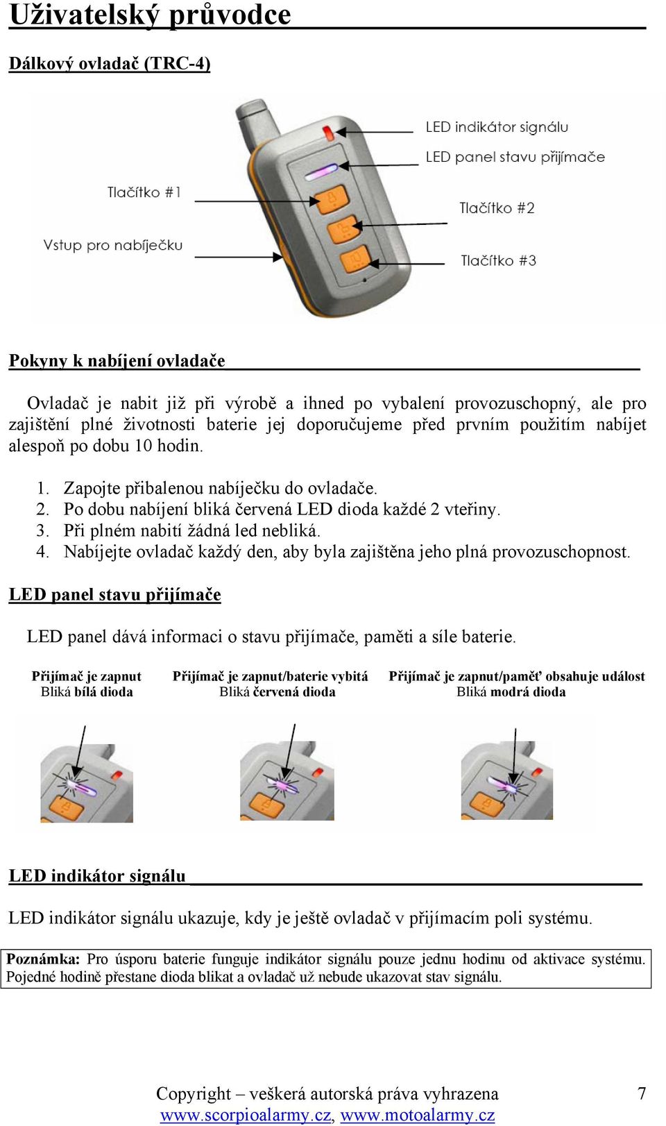 4. Nabíjejte ovladač každý den, aby byla zajištěna jeho plná provozuschopnost. LED panel stavu přijímače LED panel dává informaci o stavu přijímače, paměti a síle baterie.